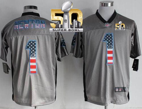 Nike Panthers #1 Cam Newton Grey Super Bowl 50 Men's Stitched NFL Elite USA Flag Fashion Jersey